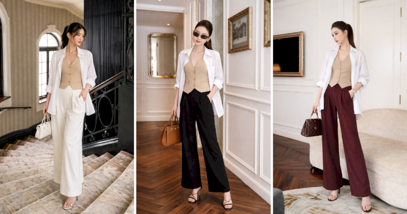 Nàng mặc gile vest sát nách và sơ mi rộng khoác ngoài sành điệu